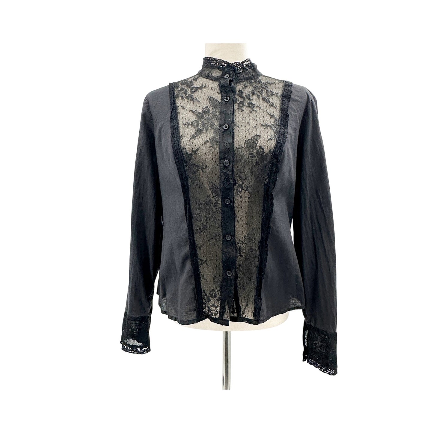 Allen B. Schwartz black lace Blouse Top women's MEDIUM long sleeves button down