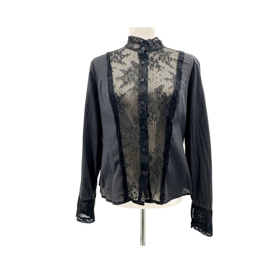 Allen B. Schwartz black lace Blouse Top women's MEDIUM long sleeves button down
