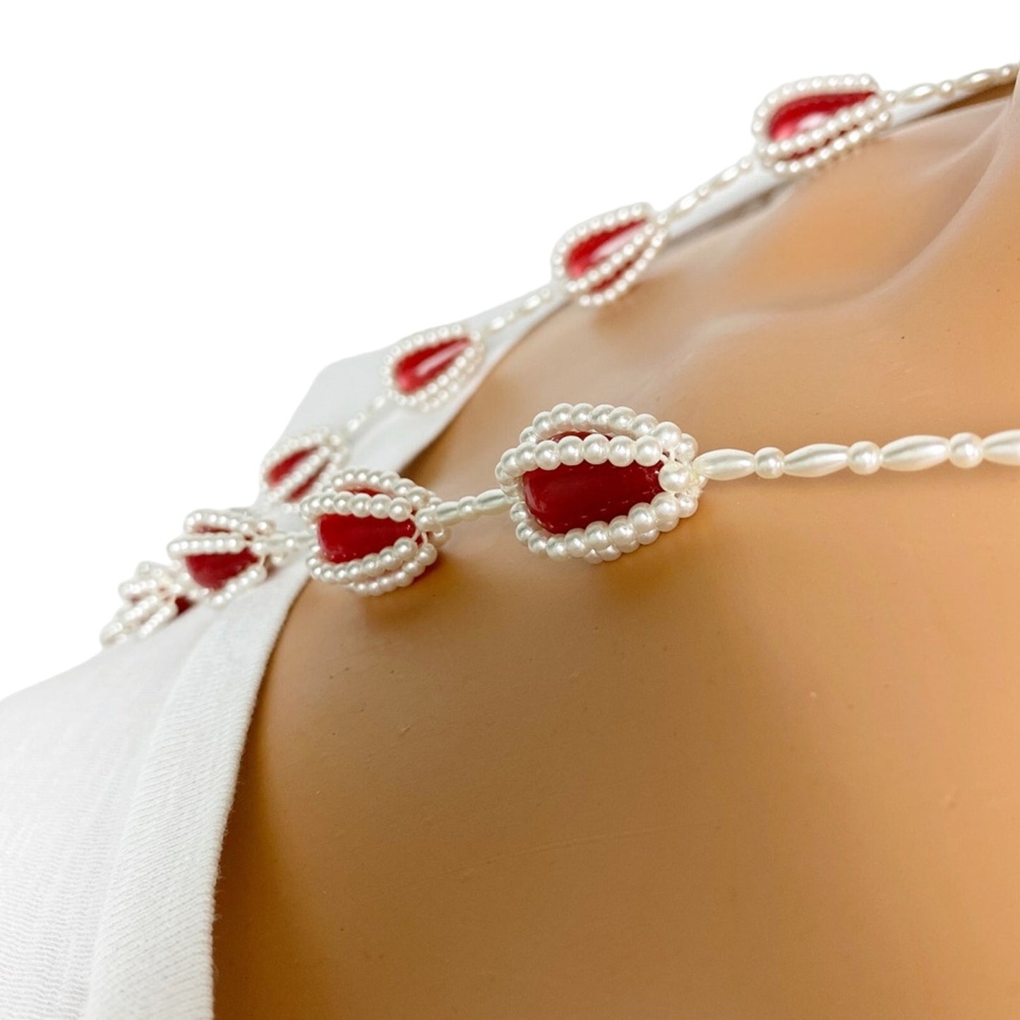 vintage faux pearl red stone 28" beaded strand tassel NECKLACE costume jewelry