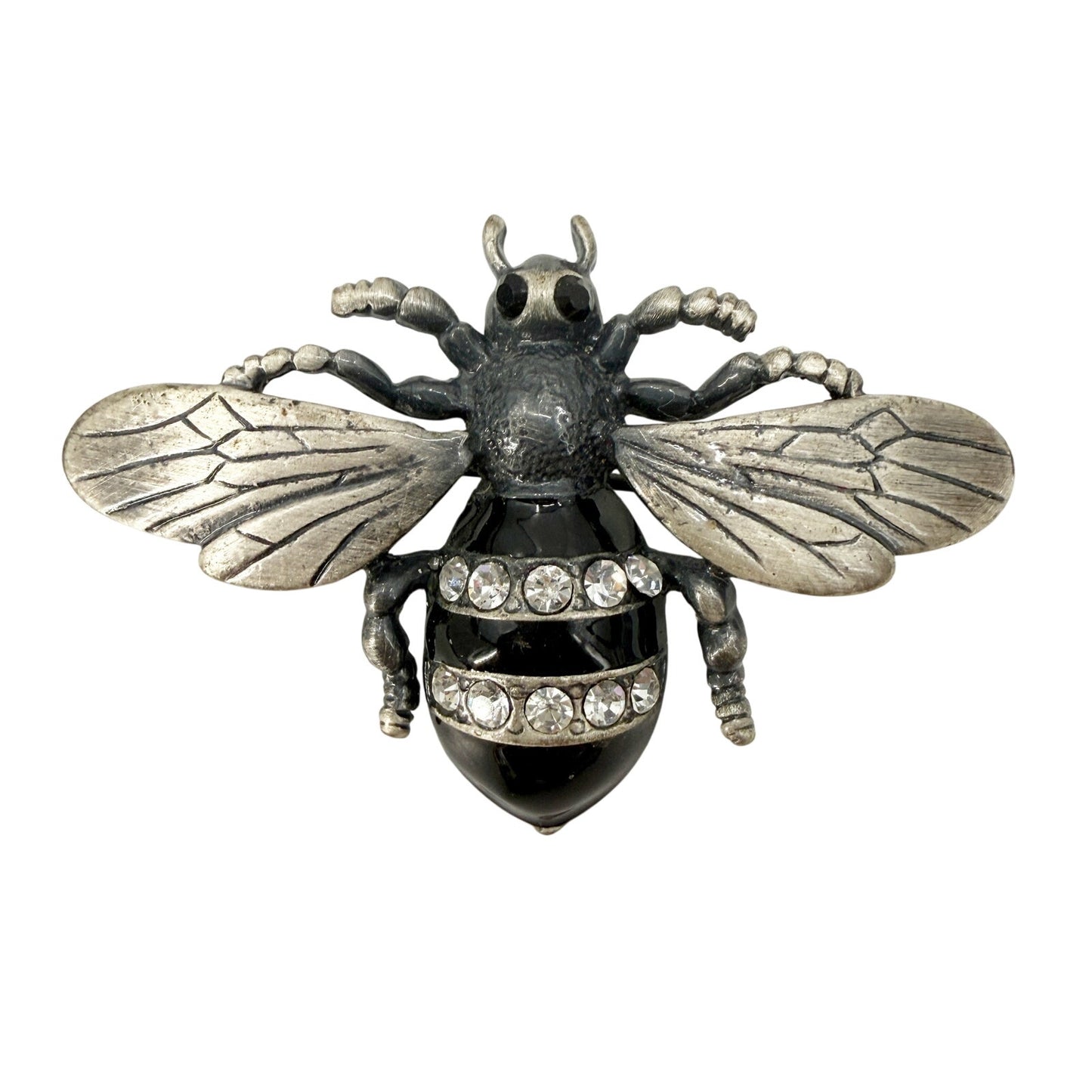 vintage black & silver Bumblebee BROOCH insect jewelry pin clear rhinestones