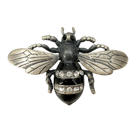 vintage black & silver Bumblebee BROOCH insect jewelry pin clear rhinestones