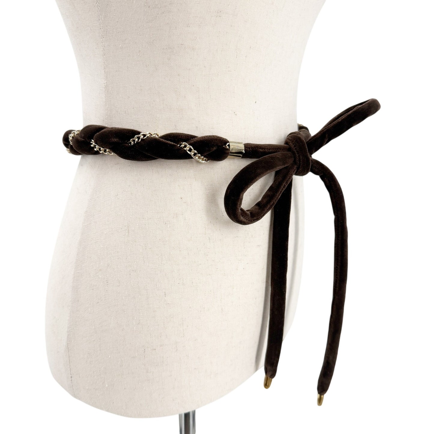 vintage braided brown velvet rope & gold chain Self Tie Belt 68" long accessory