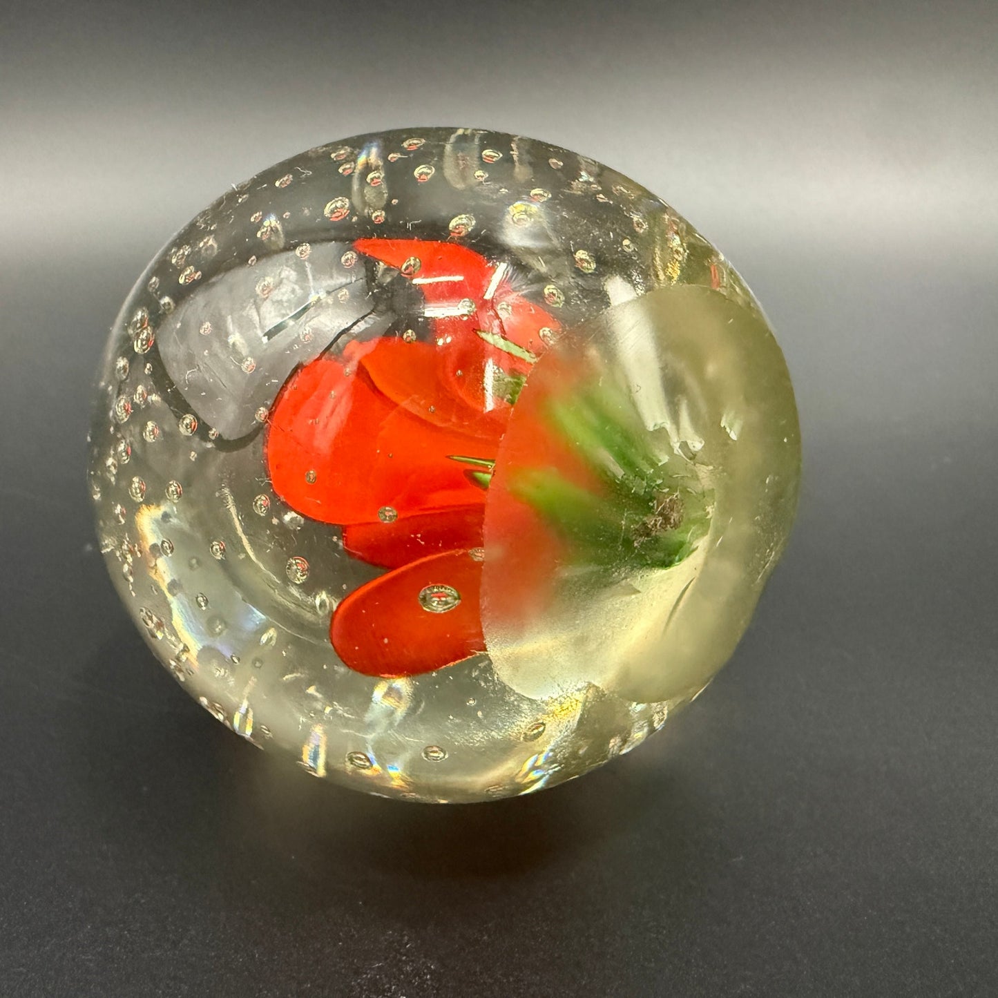 3" orange floral Paperweight | vintage art glass