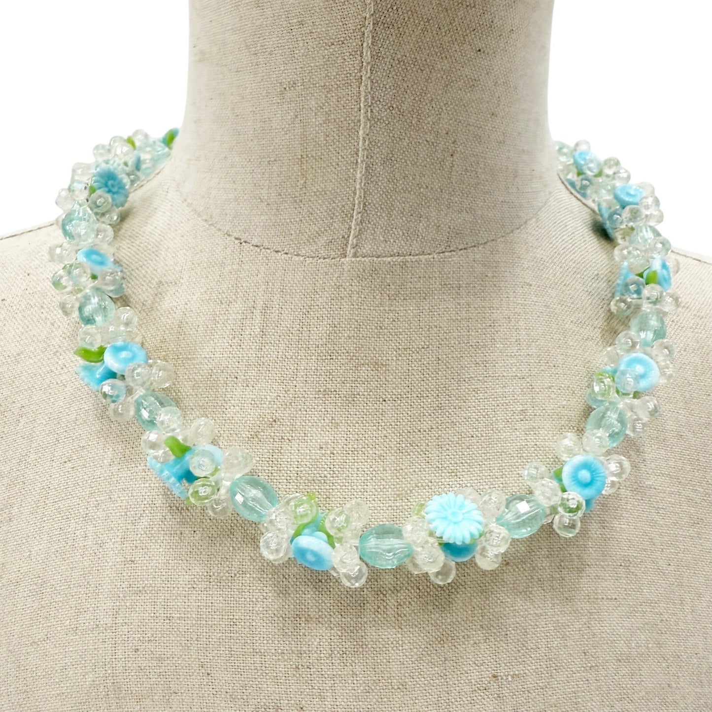vintage West Germany beaded floral Necklace blue green clear costume jewelry