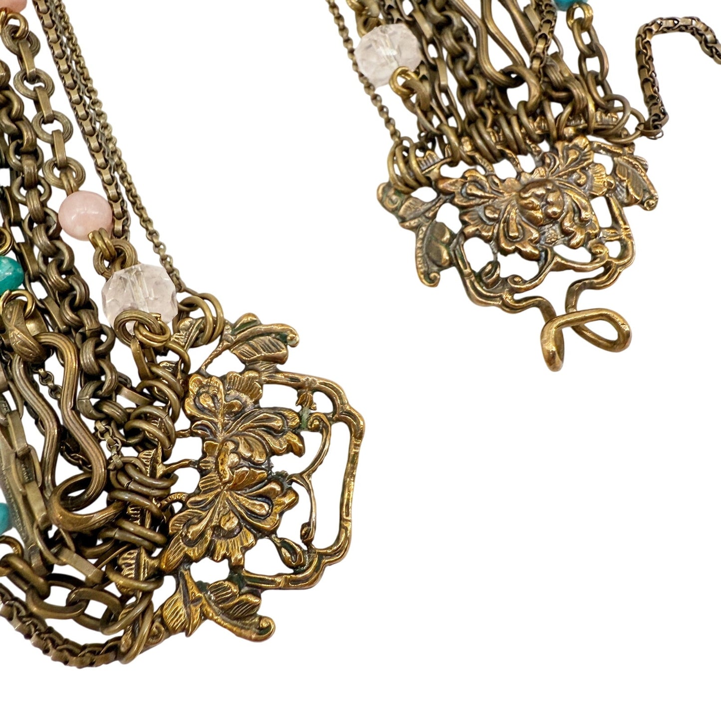 Stephen Dweck multi-12 strand pink & blue Beaded Statement Necklace bronze metal