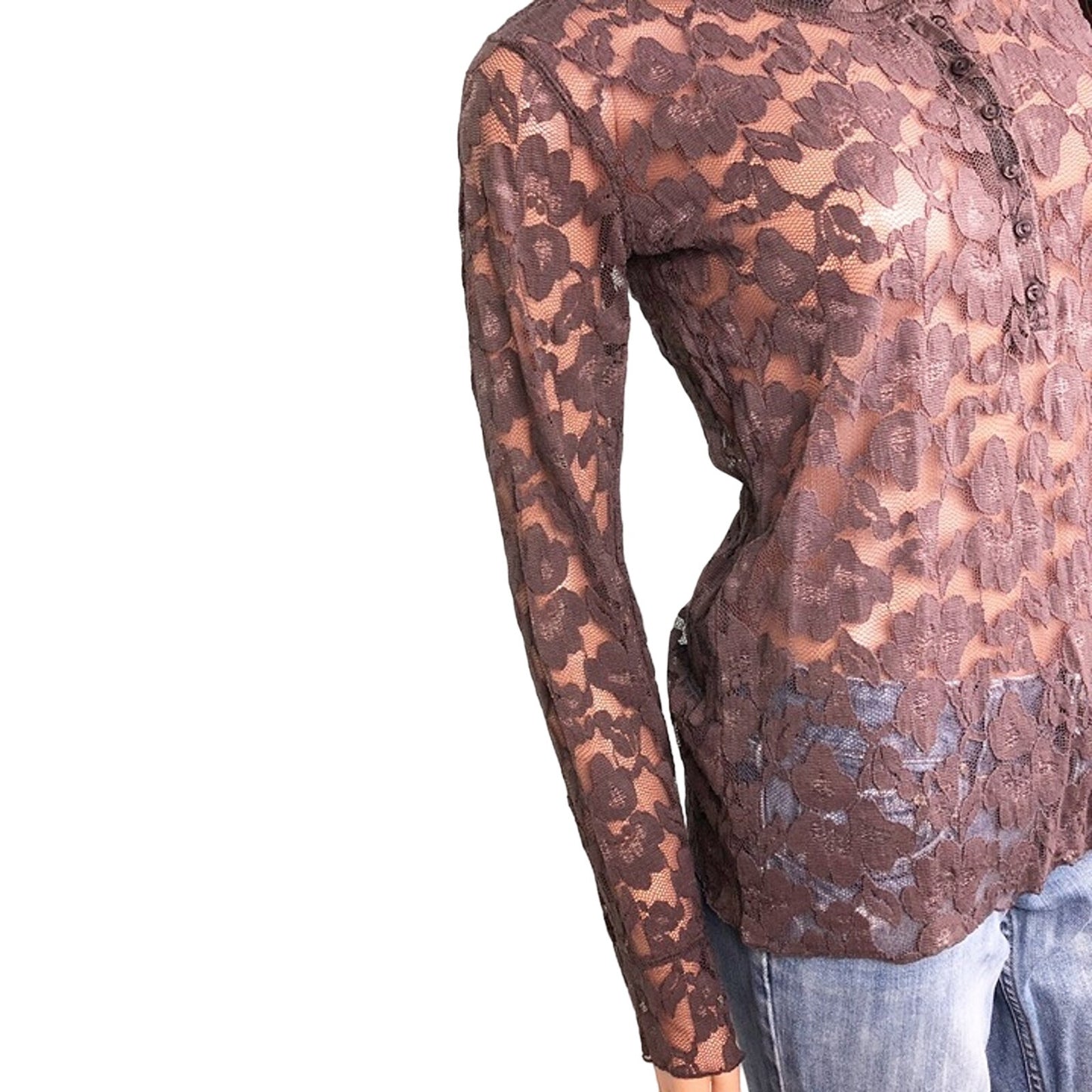 SAGA dark brown LACE sheer blouse TOP long sleeves women's S small