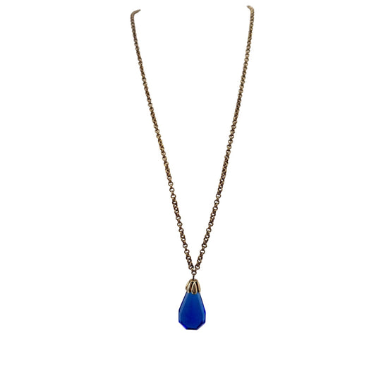 vintage gold metal cable chain & blue acrylic Pendant Necklace costume jewelry