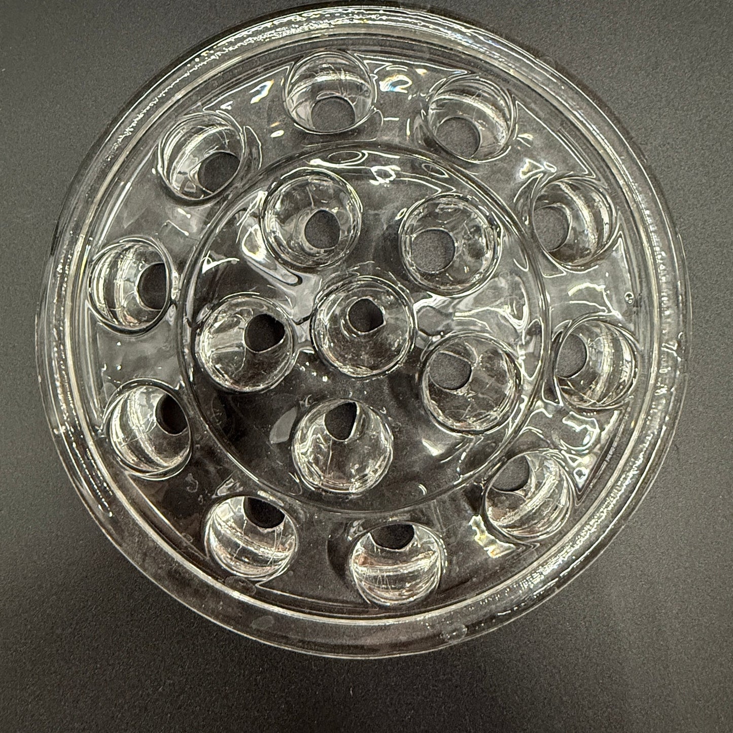 vintage 5" clear glass Flower Frog with 16 stem holes for floral arrangements