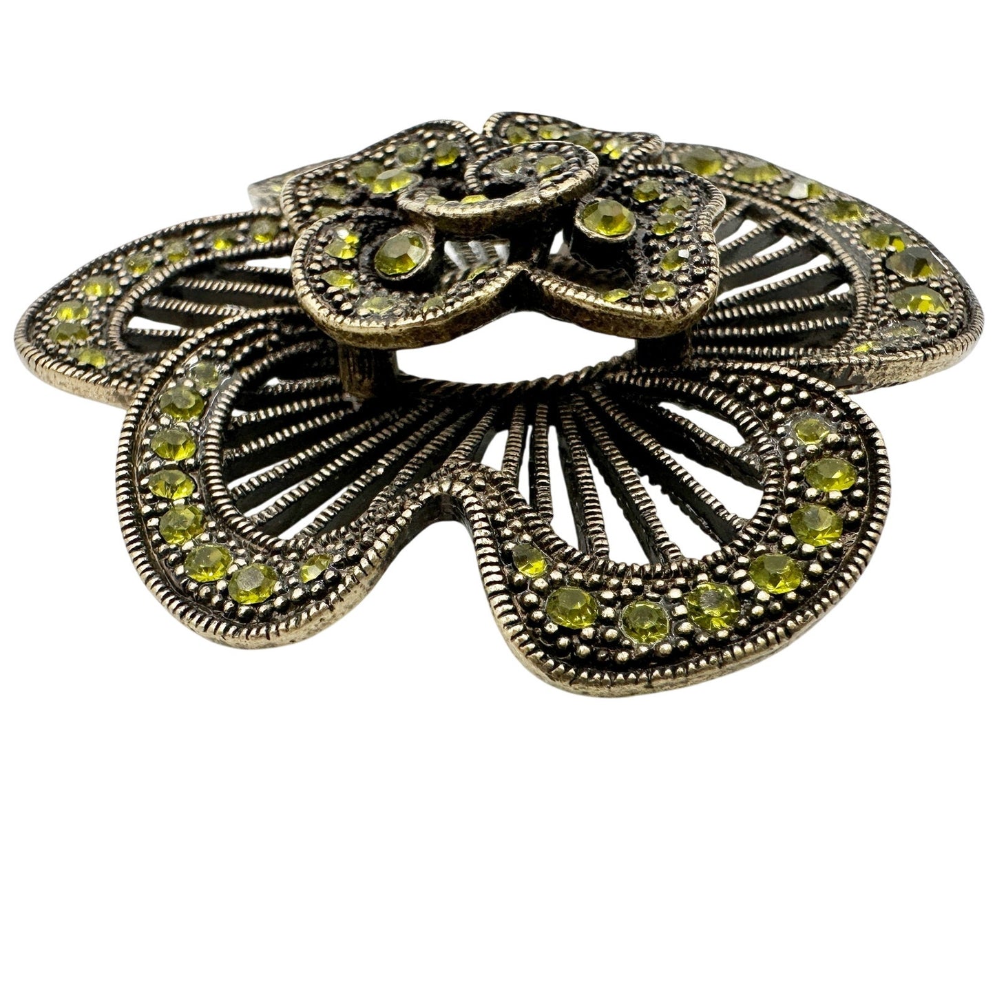 vintage antique gold black green rhinestones flower BROOCH floral jewelry pin