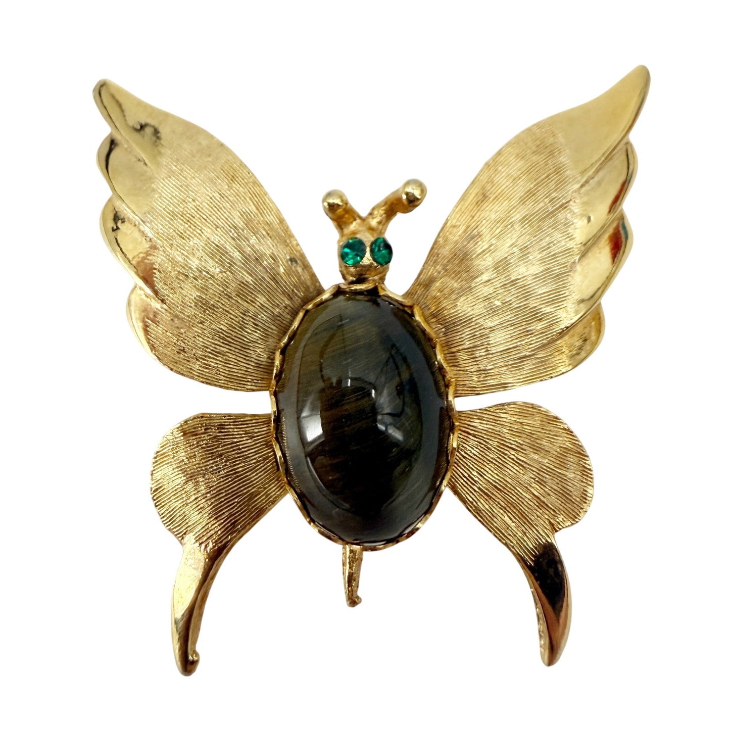 vintage gold & brown stone body Butterfly BROOCH insect jewelry pin green gems
