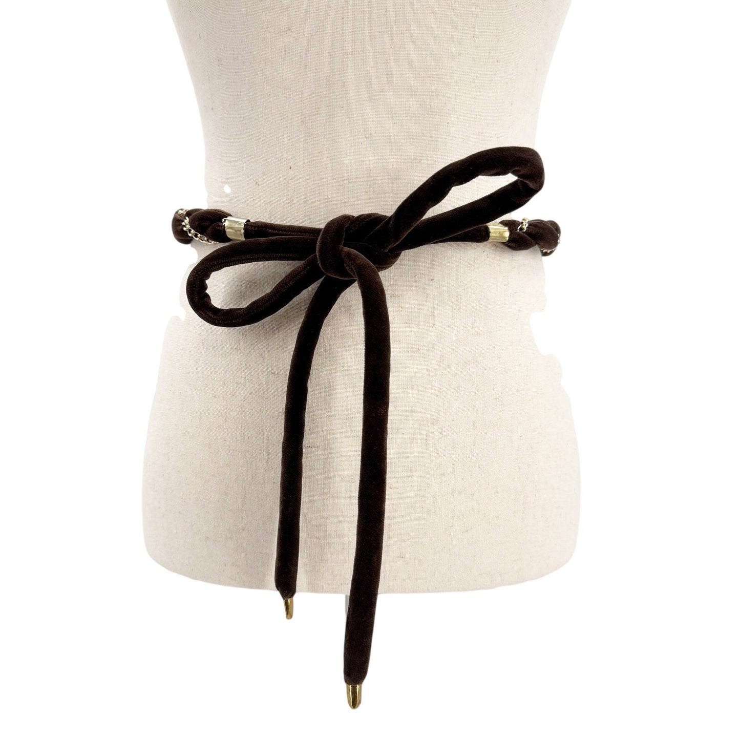 vintage braided brown velvet rope & gold chain Self Tie Belt 68" long accessory