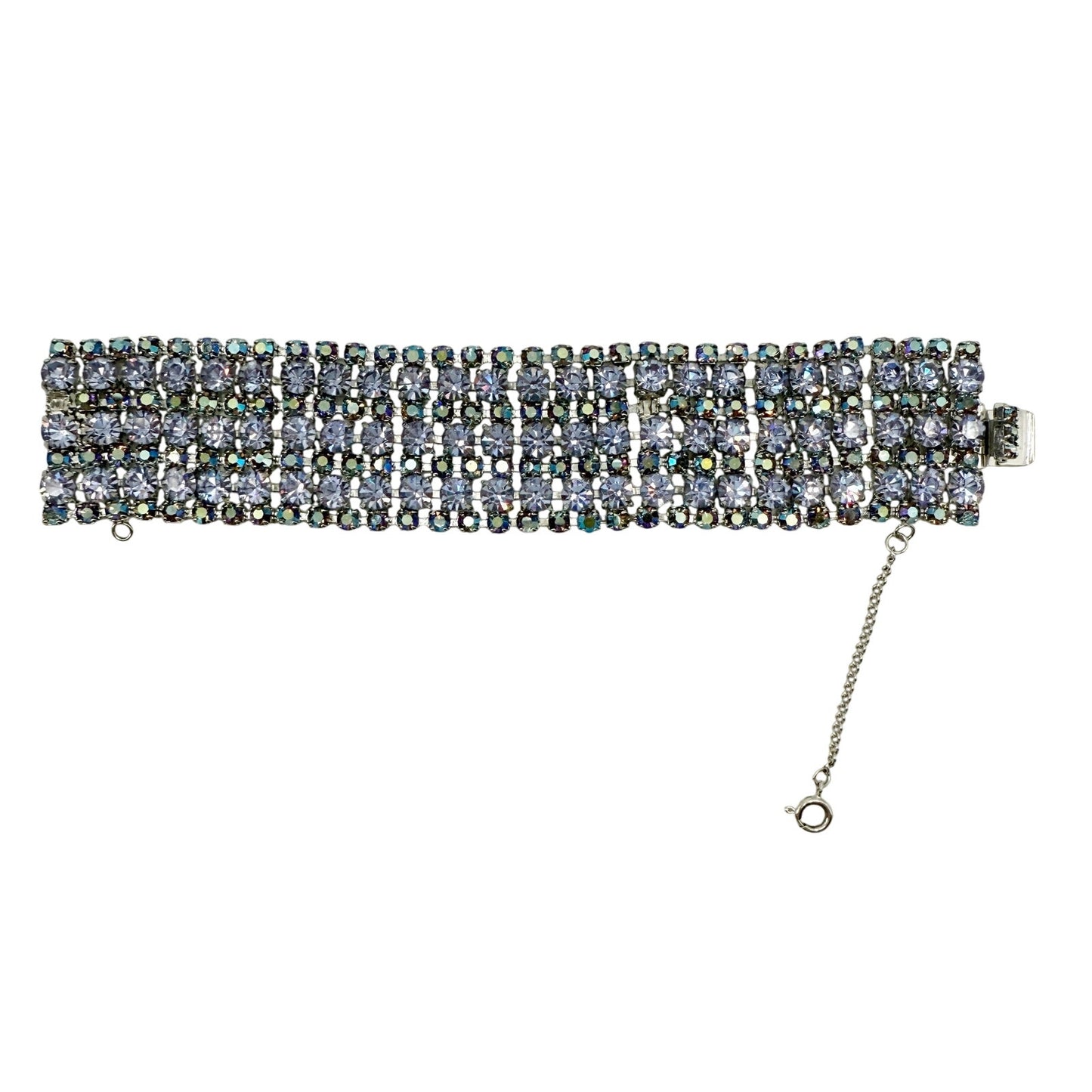 vintage 1.5" wide Rhinestone Bracelet blue iridescent stones women's jewely