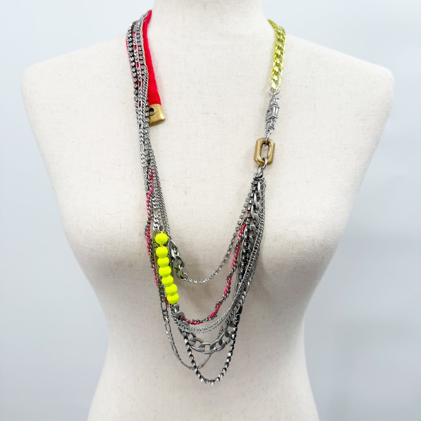 Juicy Couture long multi layer Chain Necklace rhinestones neon beads gold silver