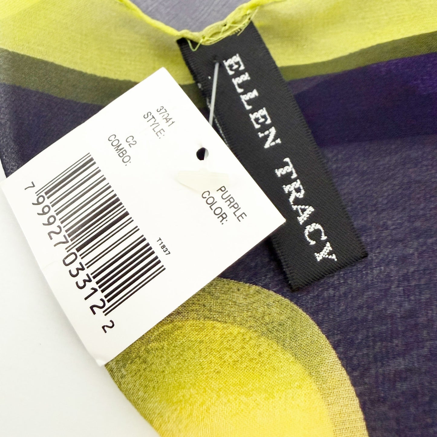 Ellen Tracy dark purple lime green sheer Scarf orange lemons limes 100% silk NEW