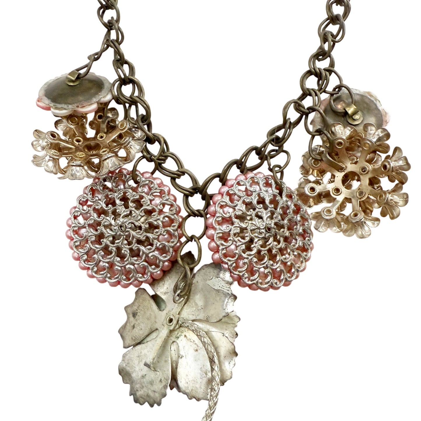 vintage pink earrings & brooches NECKLACE flowers rhinestones faux pearls