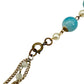 vintage gold chain Necklace faux pearls turquoise blue beads costume jewelry