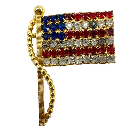 vintage American Flag rhinestone BROOCH patriotic jewelry pin red blue gold