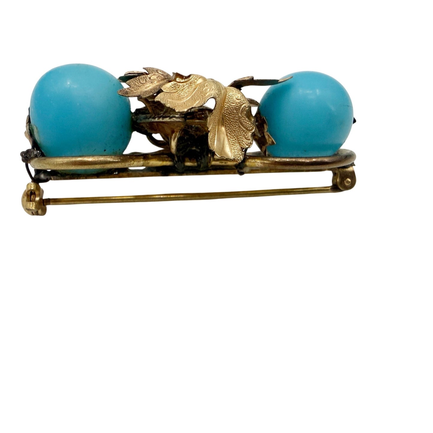 vintage gold leaf & turquoise blue beads BROOCH pendant or jewelry pin