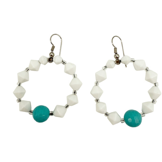 handmade white & turquoise blue loop beaded EARRINGS jewelry NEW vintage beads