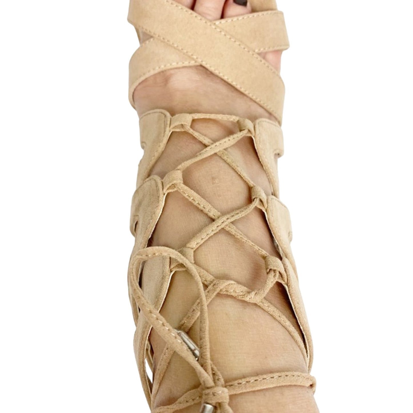 David's Bridal nude Faux Suede Lace-Up Sandals APARIS1 shoes block heels size 9