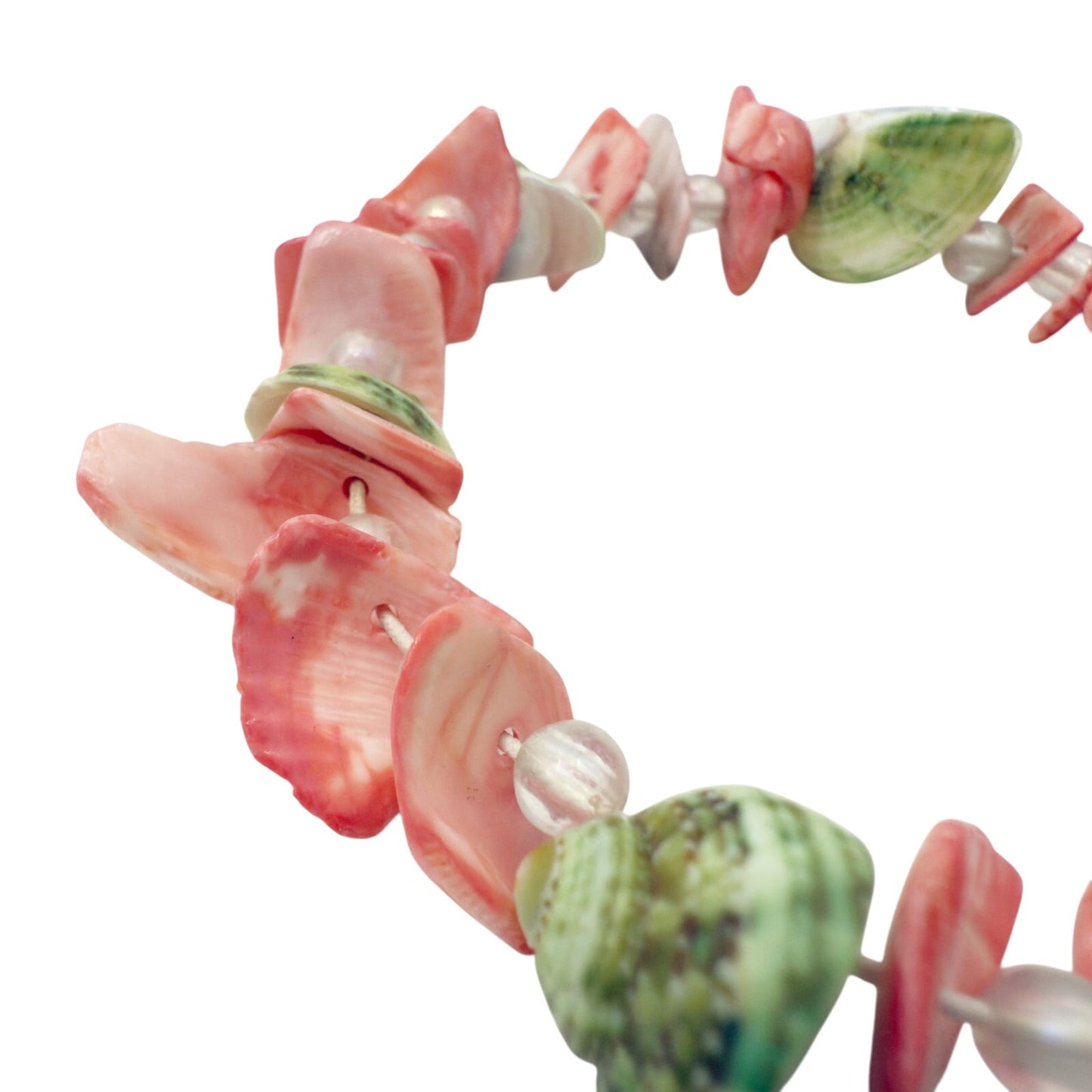 pinkish coral & green seashells with clear beads Bracelet shells beach jewelry