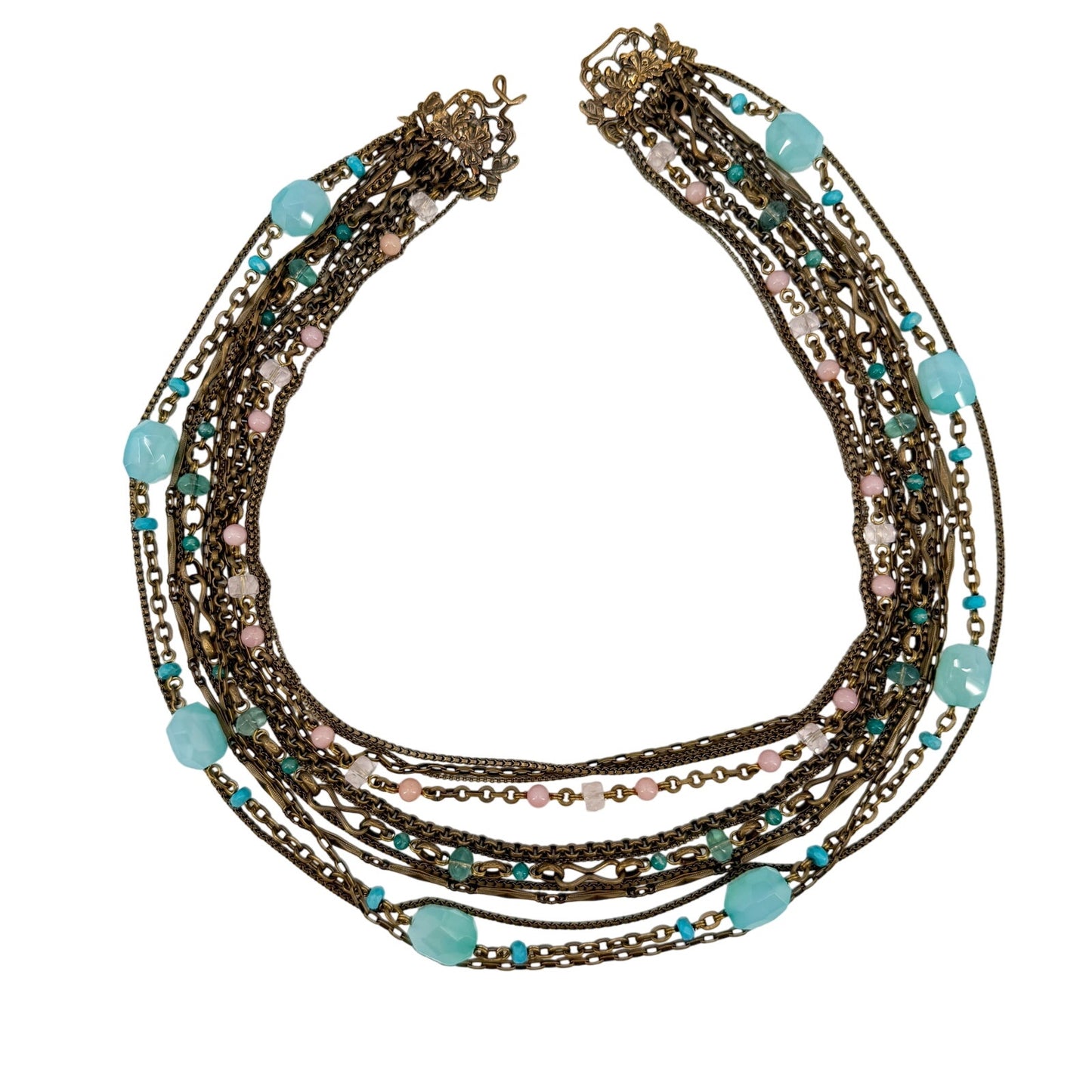 Stephen Dweck multi-12 strand pink & blue Beaded Statement Necklace bronze metal
