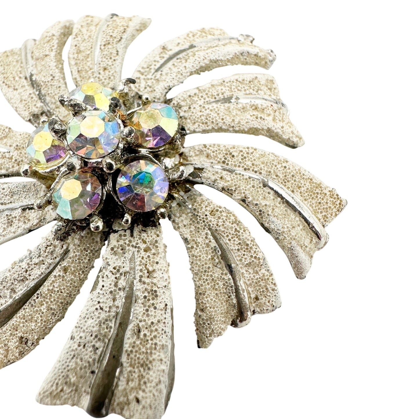 vintage silver & white rhinestones flower BROOCH floral pinwheel jewelry pin