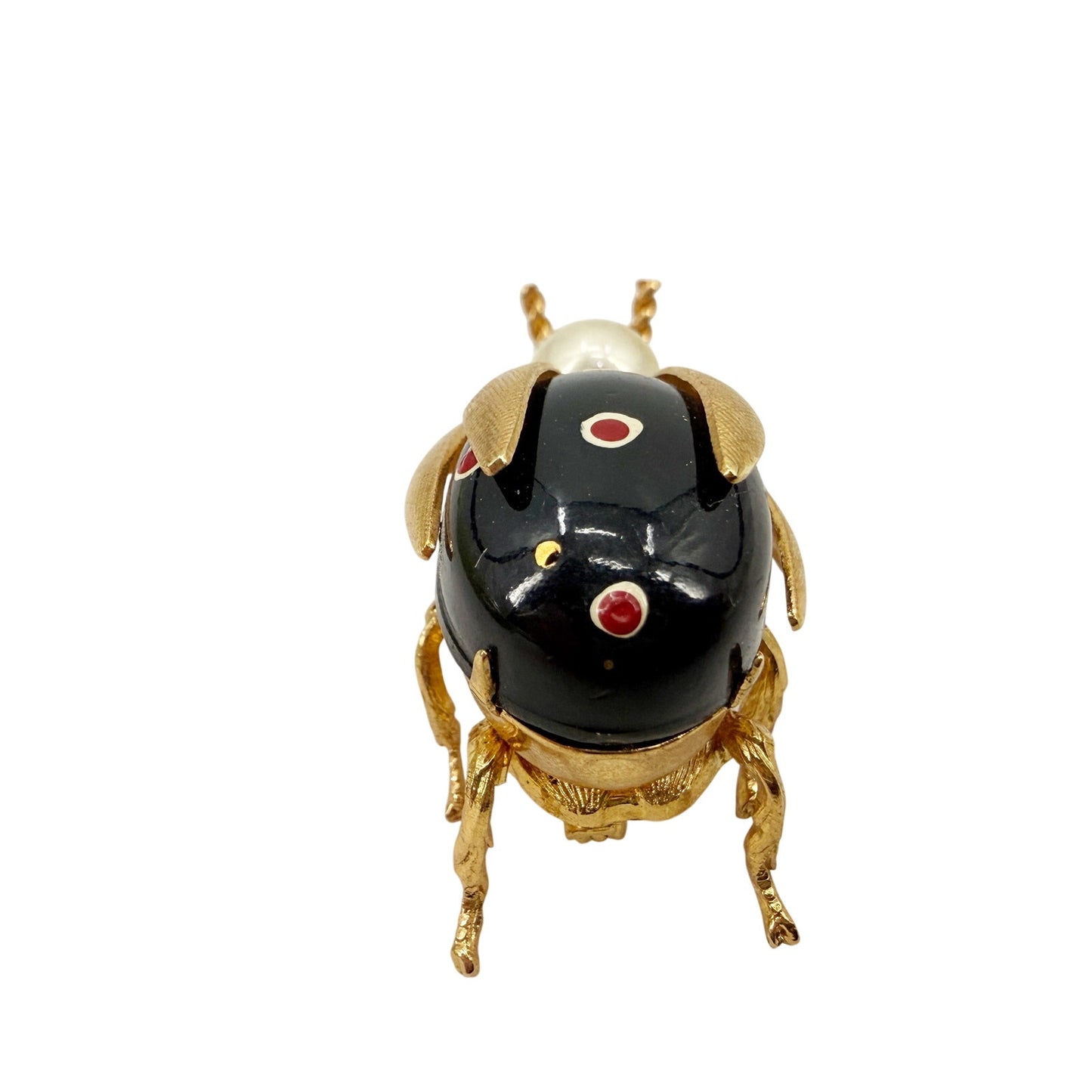 vintage black red & gold Beetle Bug BROOCH insect jewelry pin faux pearl