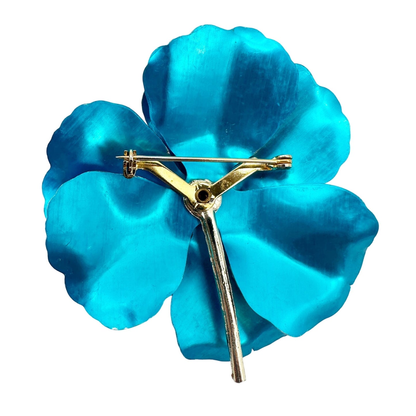 vintage metal large metallic blue flower BROOCH faux pearls floral jewelry pin