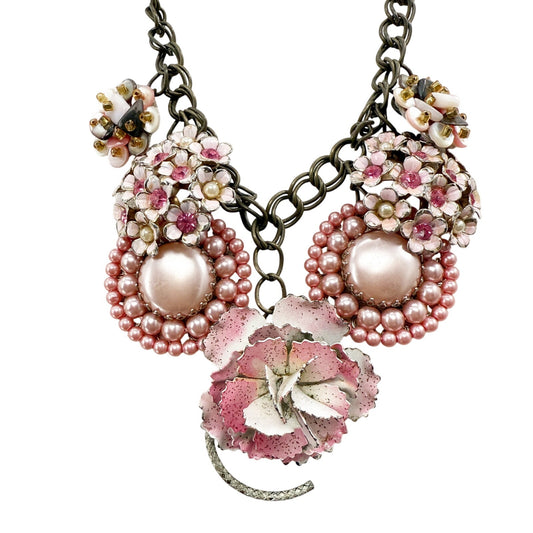 vintage pink earrings & brooches NECKLACE flowers rhinestones faux pearls
