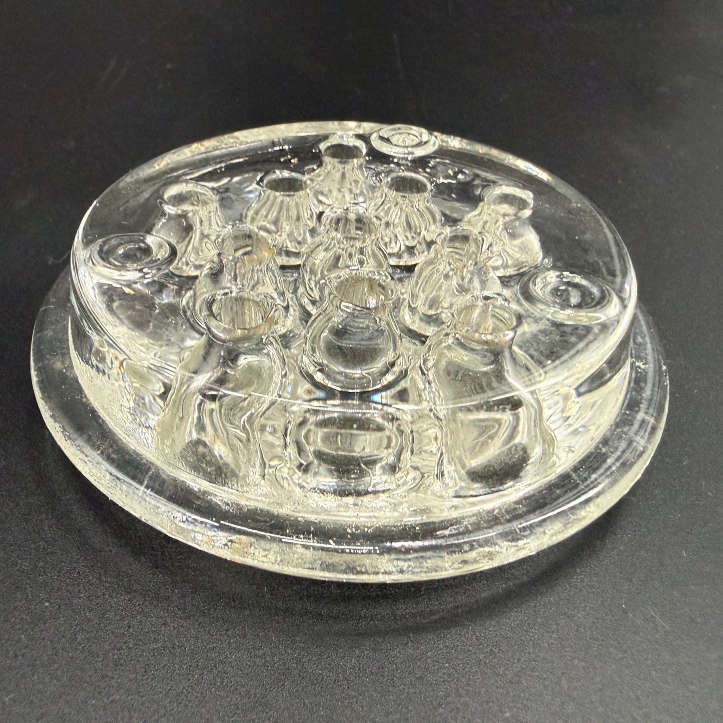 vintage 3.5" clear glass Flower Frog with 11 stem holes for floral arrangements