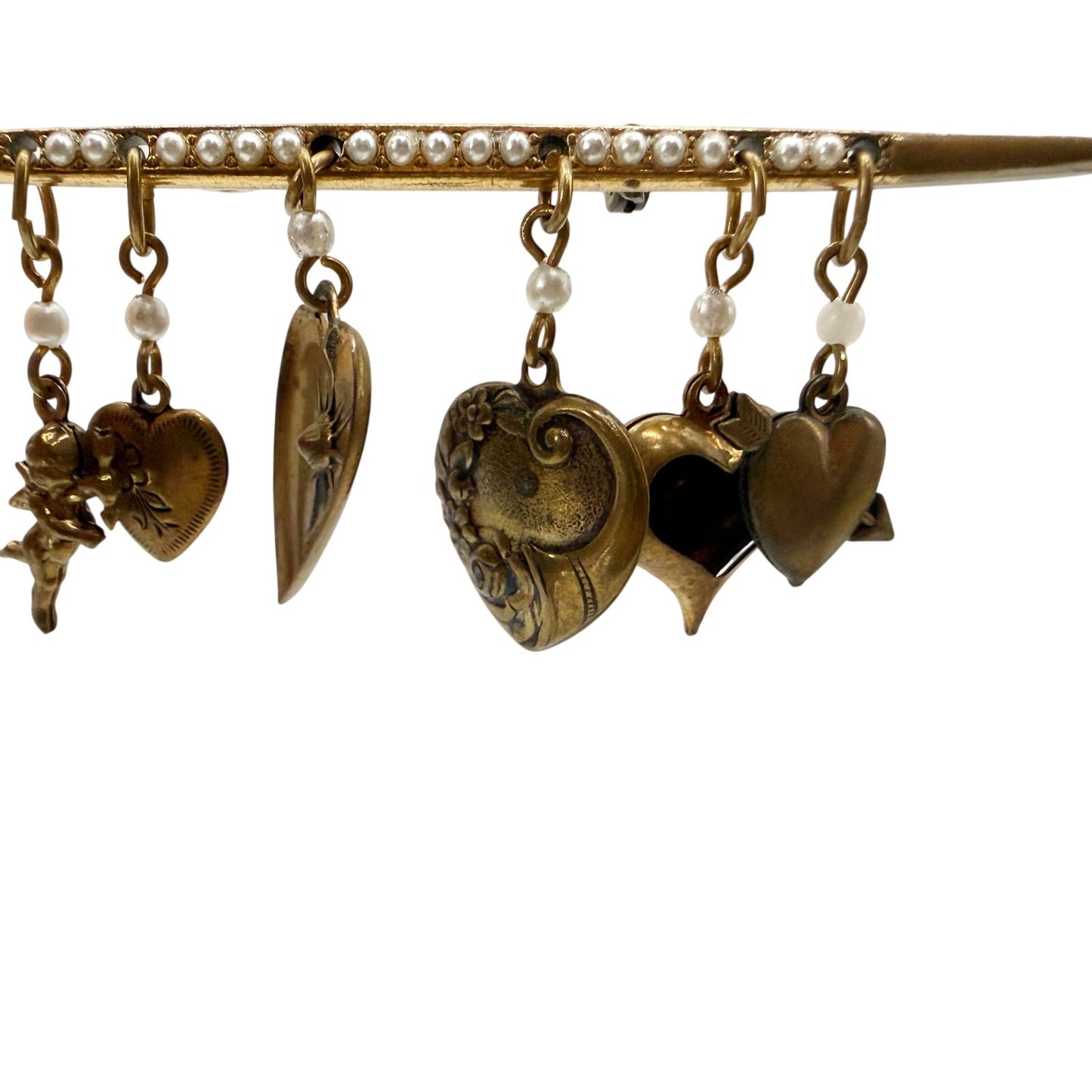 vintage antique gold & faux pearls Bar BROOCH hearts cupid jewelry pin