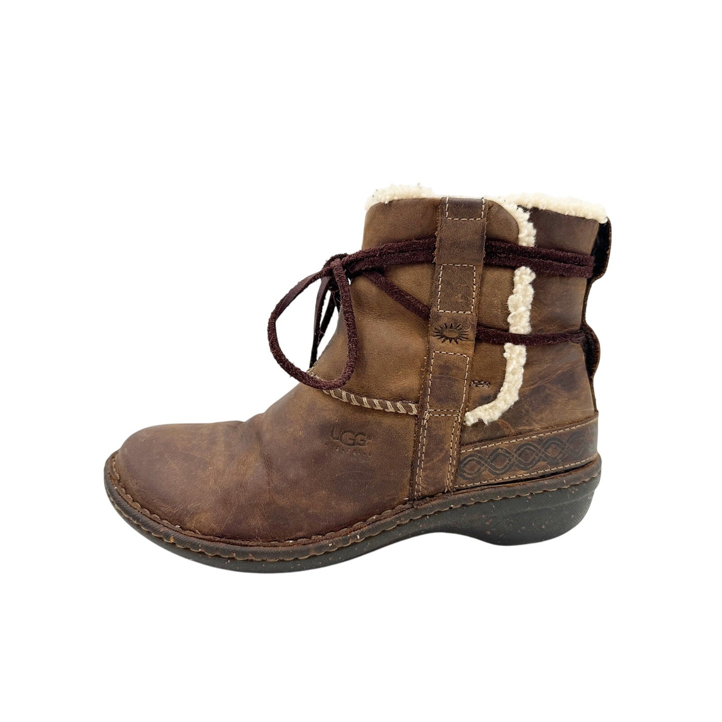 UGG brown leather wraparound tie ankle BOOTS women's 7 winter shoes sheepskin