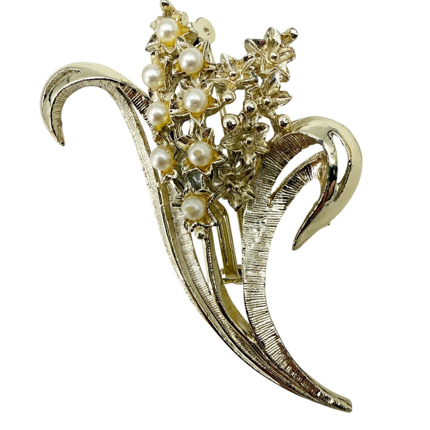 vintage silver & faux pearls Floral Bouquet BROOCH jewelry pin tiny flowers leaf