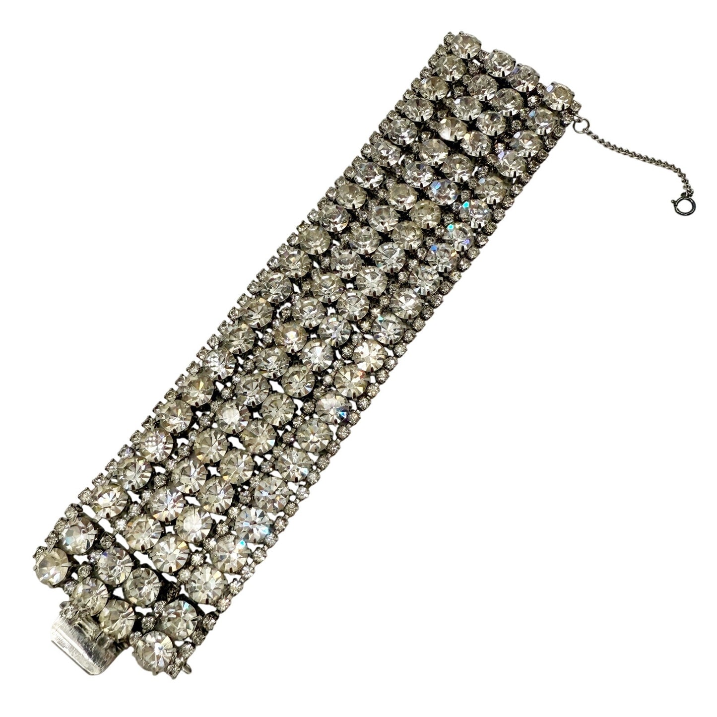 vintage 1.75" wide Rhinestone Bracelet clear iridescent stones costume jewelry