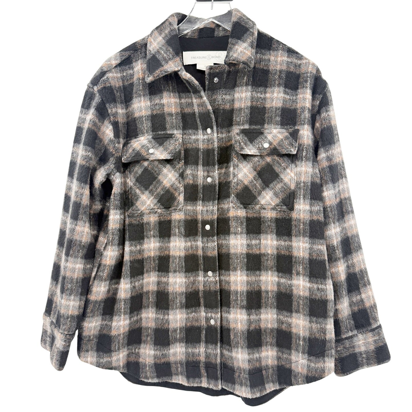 Treasure Bond black brushed Flannel Shirt Jacket womens MEDIUM shacket plaid top