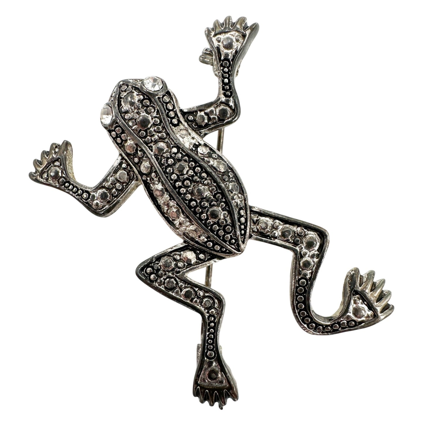 vintage silver tone metal Frog clear rhinestone eyes BROOCH jewelry pin