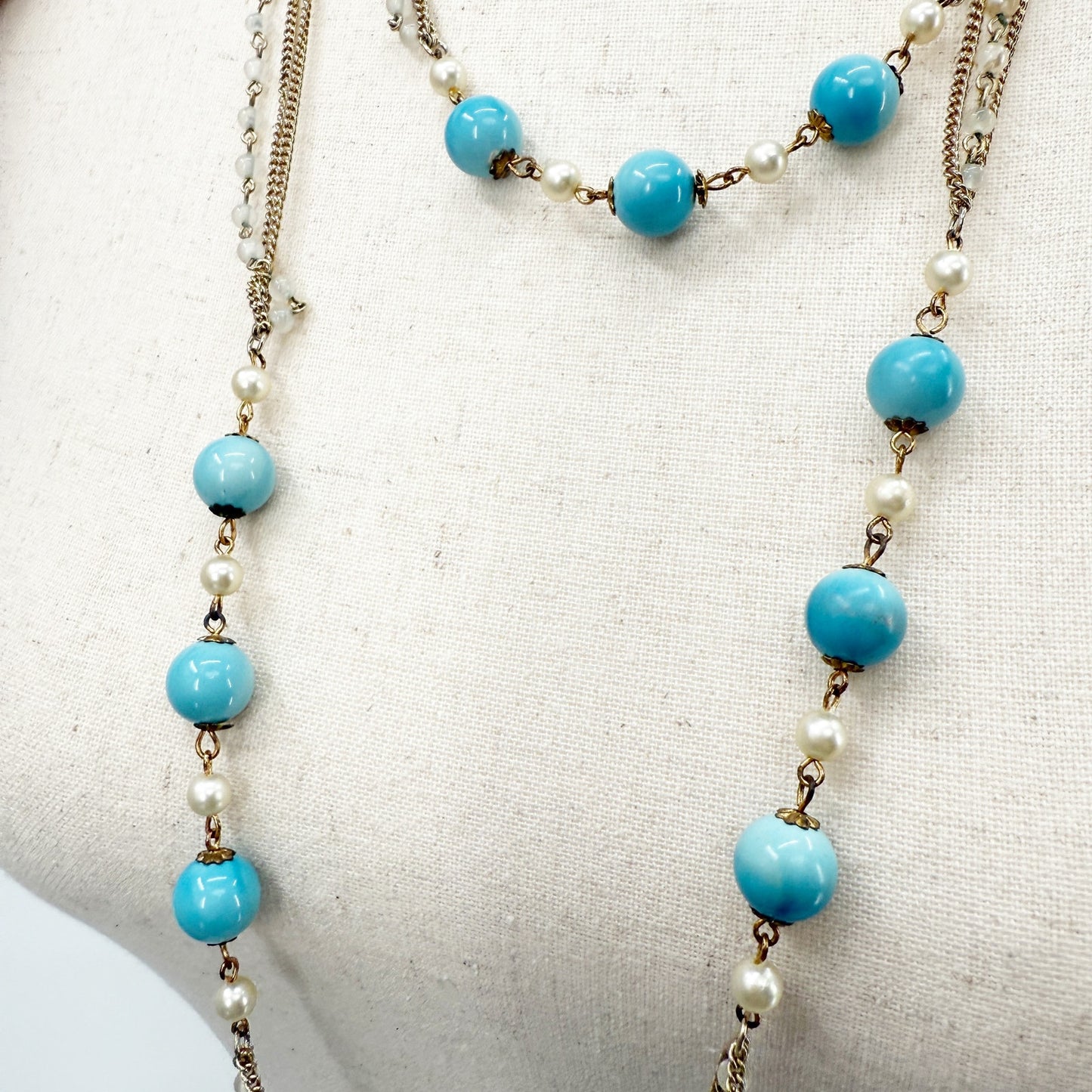 vintage gold chain Necklace faux pearls turquoise blue beads costume jewelry