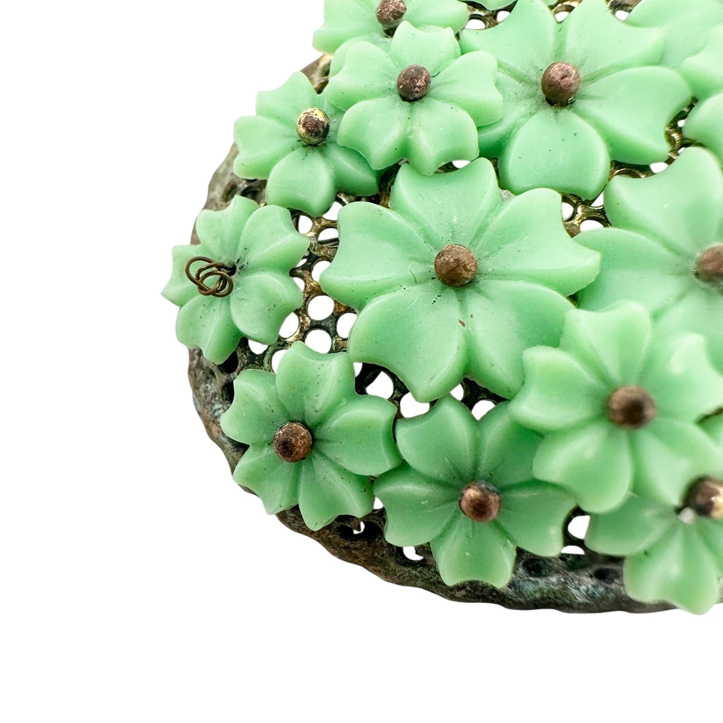 vintage small green flowers on oval metal BROOCH floral jewelry *missing pin*