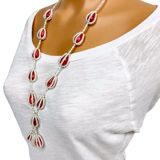 vintage faux pearl red stone 28" beaded strand tassel NECKLACE costume jewelry