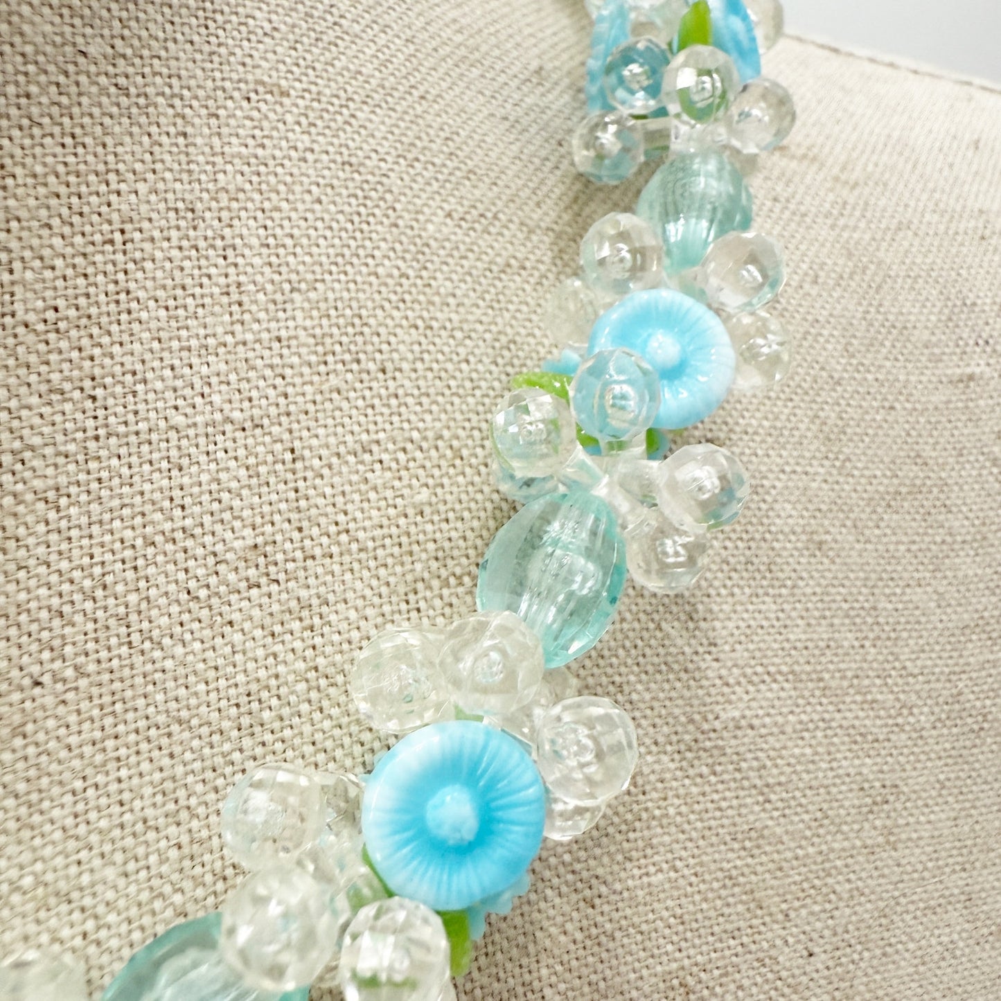 vintage West Germany beaded floral Necklace blue green clear costume jewelry