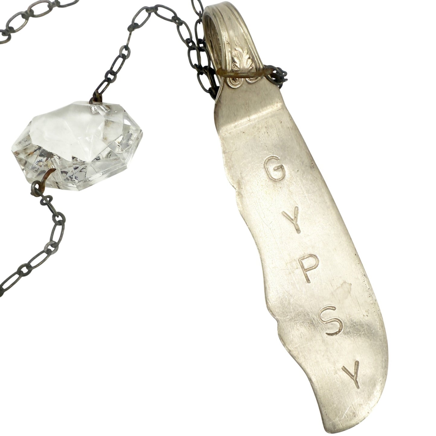 farrah b chain link Necklace large rhinestone vintage GYPSY knife pendant