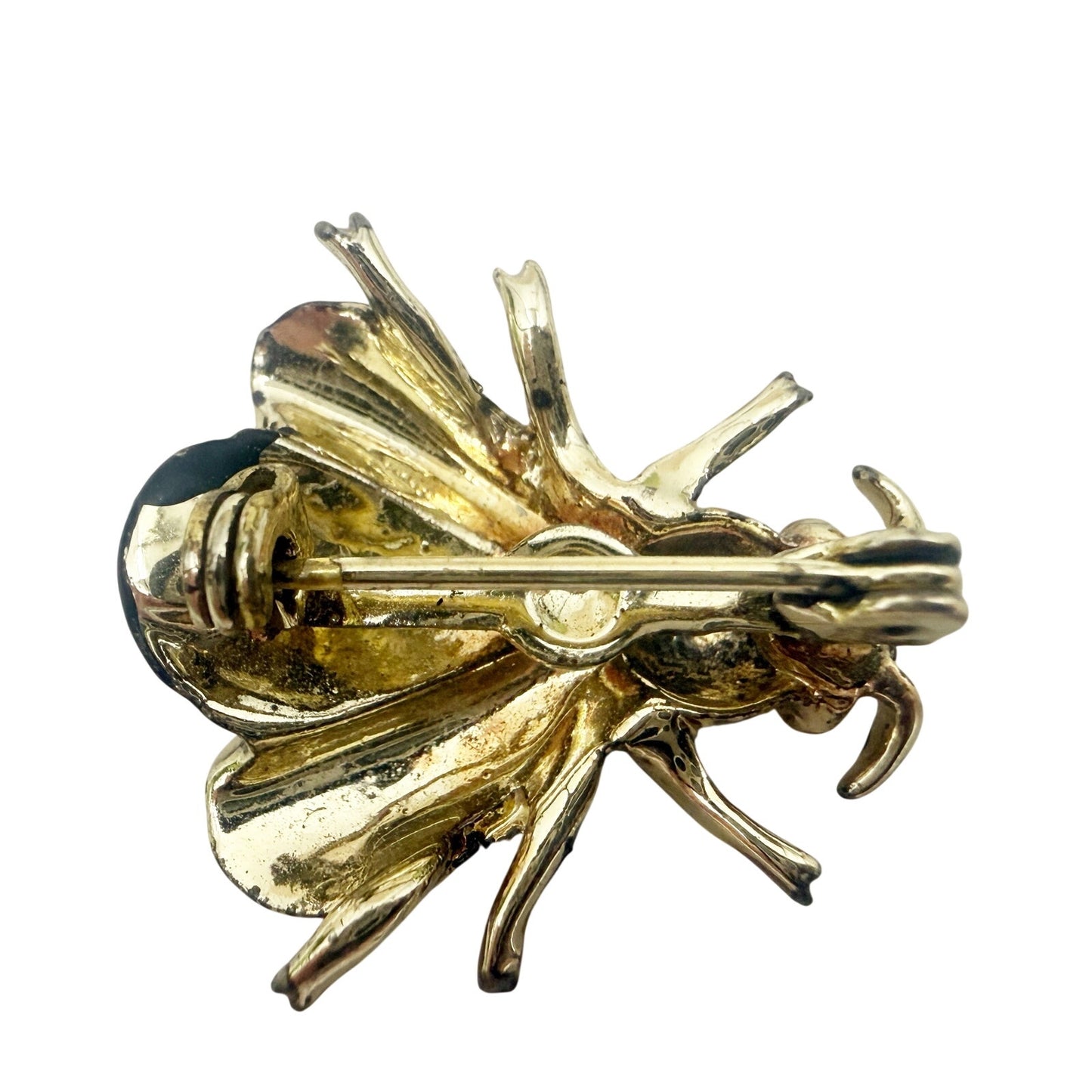 vintage black enamel & gold Bug Fly BROOCH insect jewelry pin clear rhinestones