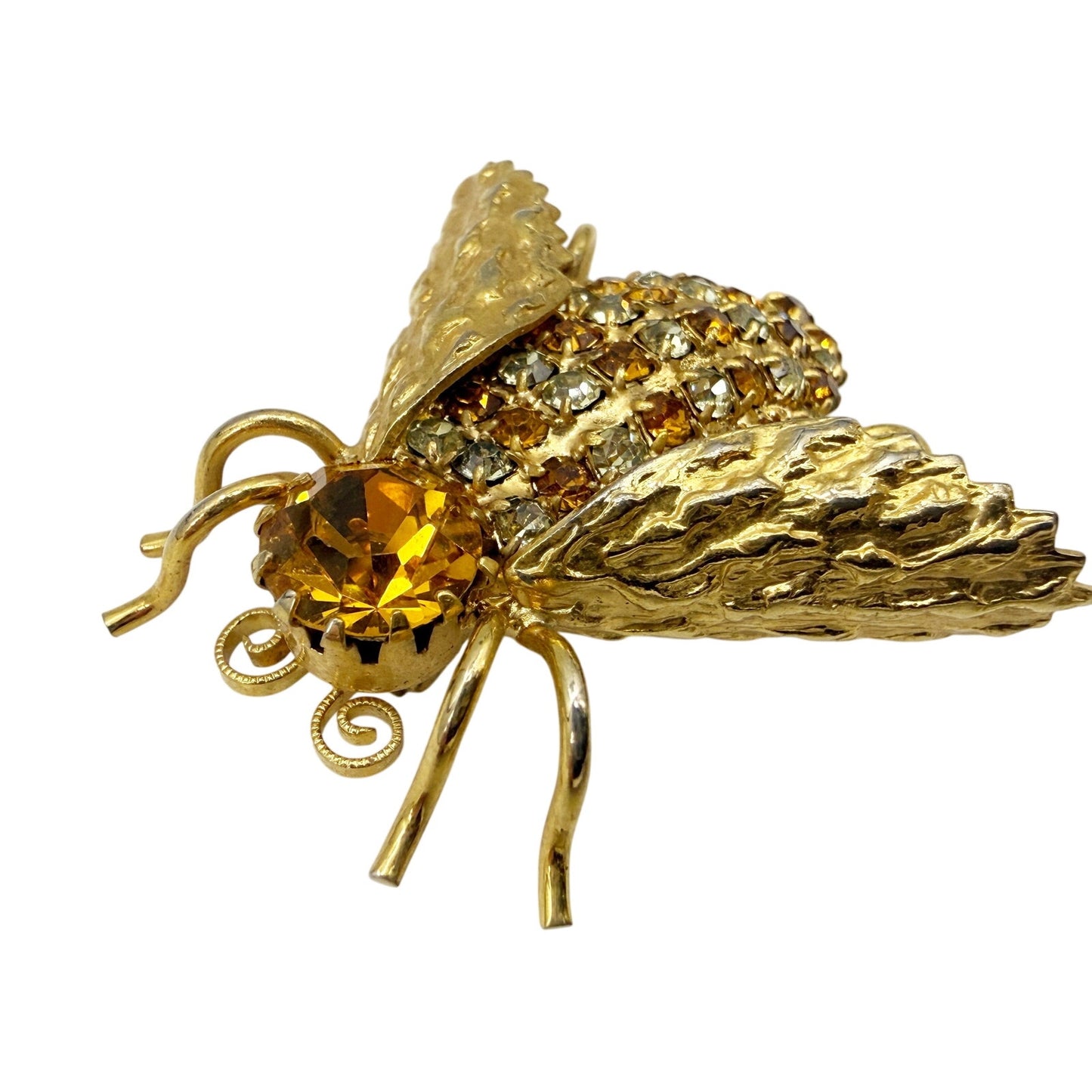 vintage gold Honey Bee bug BROOCH insect jewelry pin clear topaz rhinestones