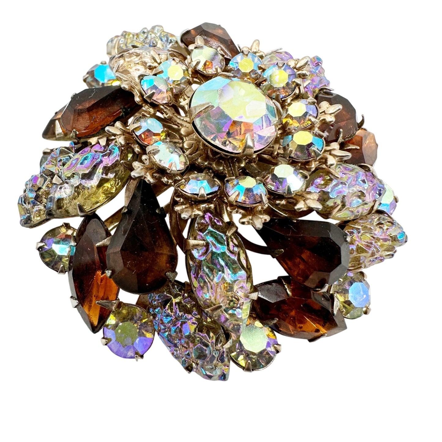 vintage gold & brown rhinestones sparkly BROOCH round jewelry pin *missing pin*