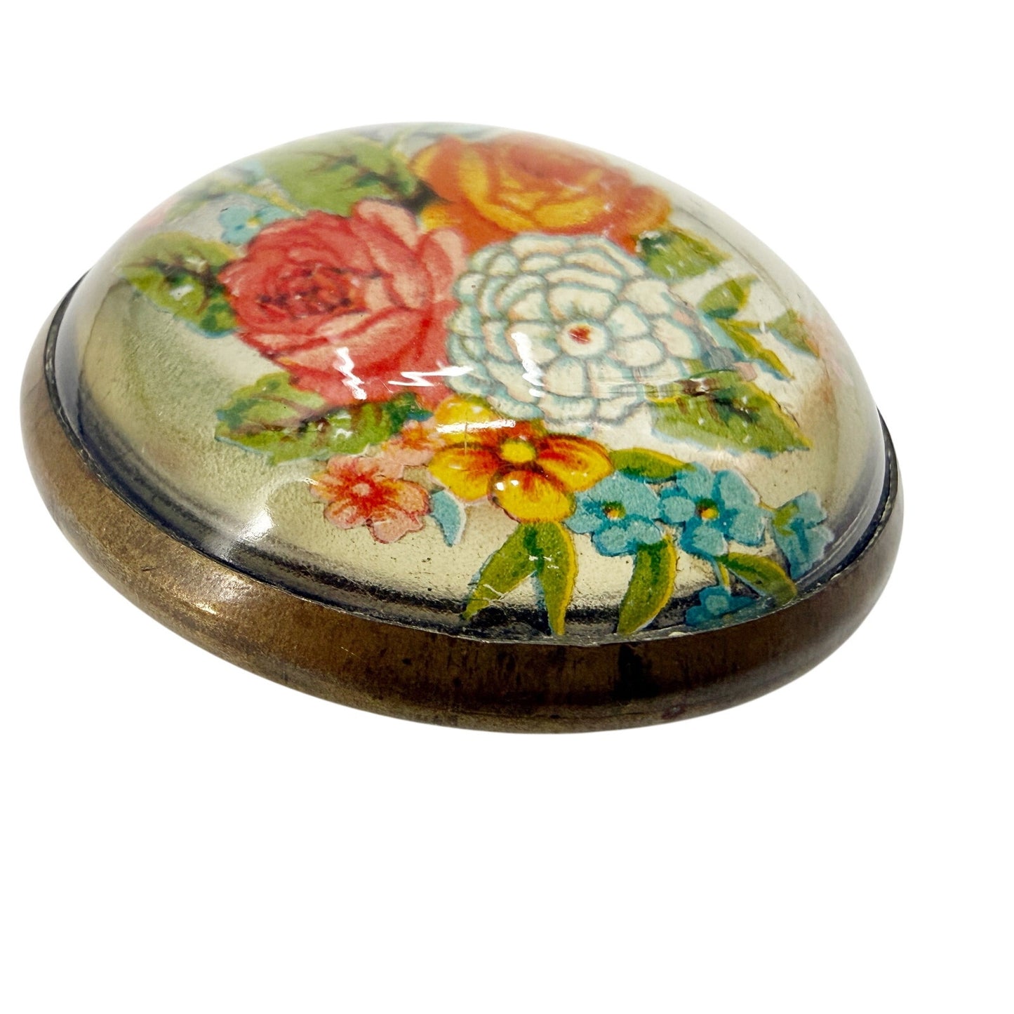 vintage Floral glass dome round metal BROOCH floral jewelry pin roses zinnias
