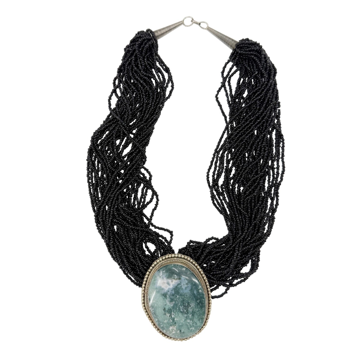multi-strand black seed bead Necklace moss agate oval Pendant beaded strands