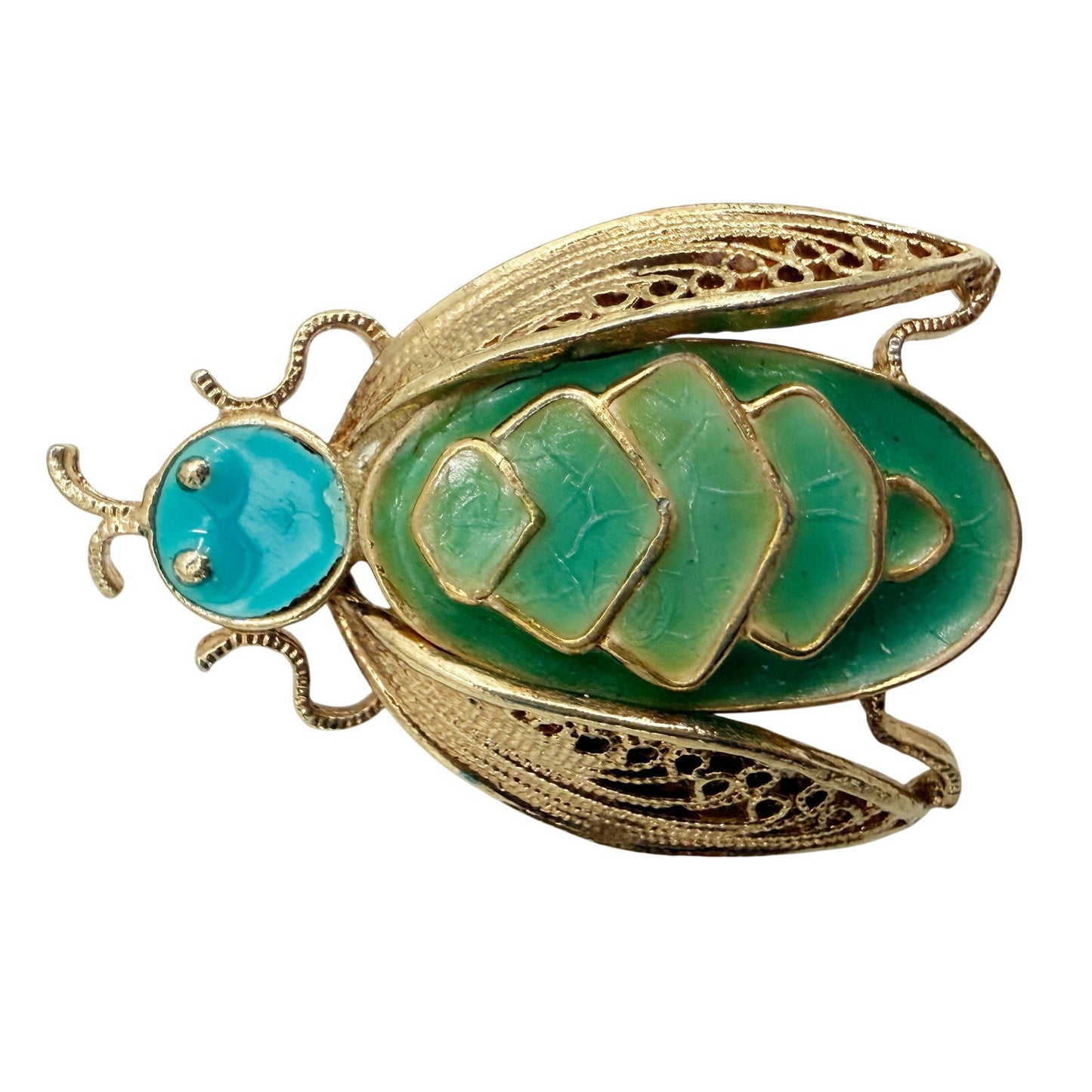 vintage blue green enamel gold filigree Bug BROOCH insect costume jewelry pin
