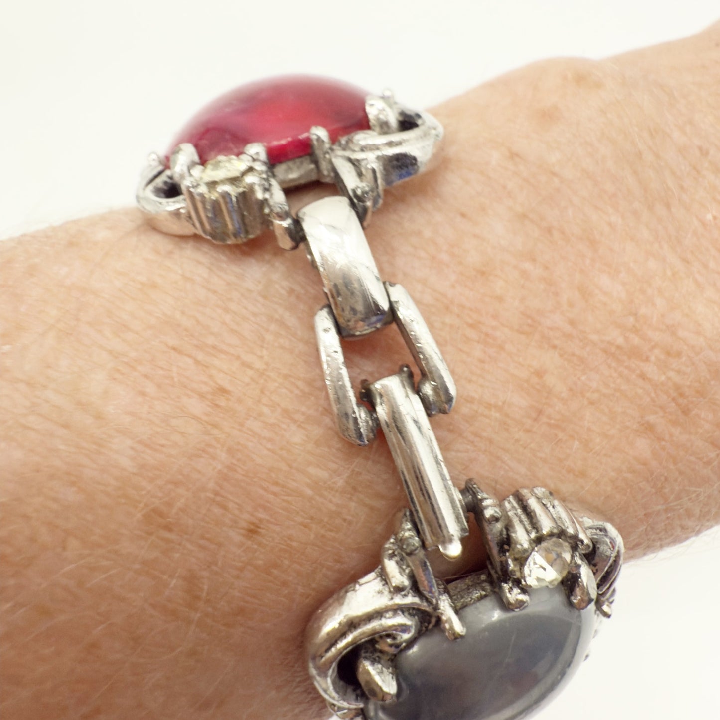 vintage silver tone metal and faux multi-stone Link Bracelet clear rhinestones