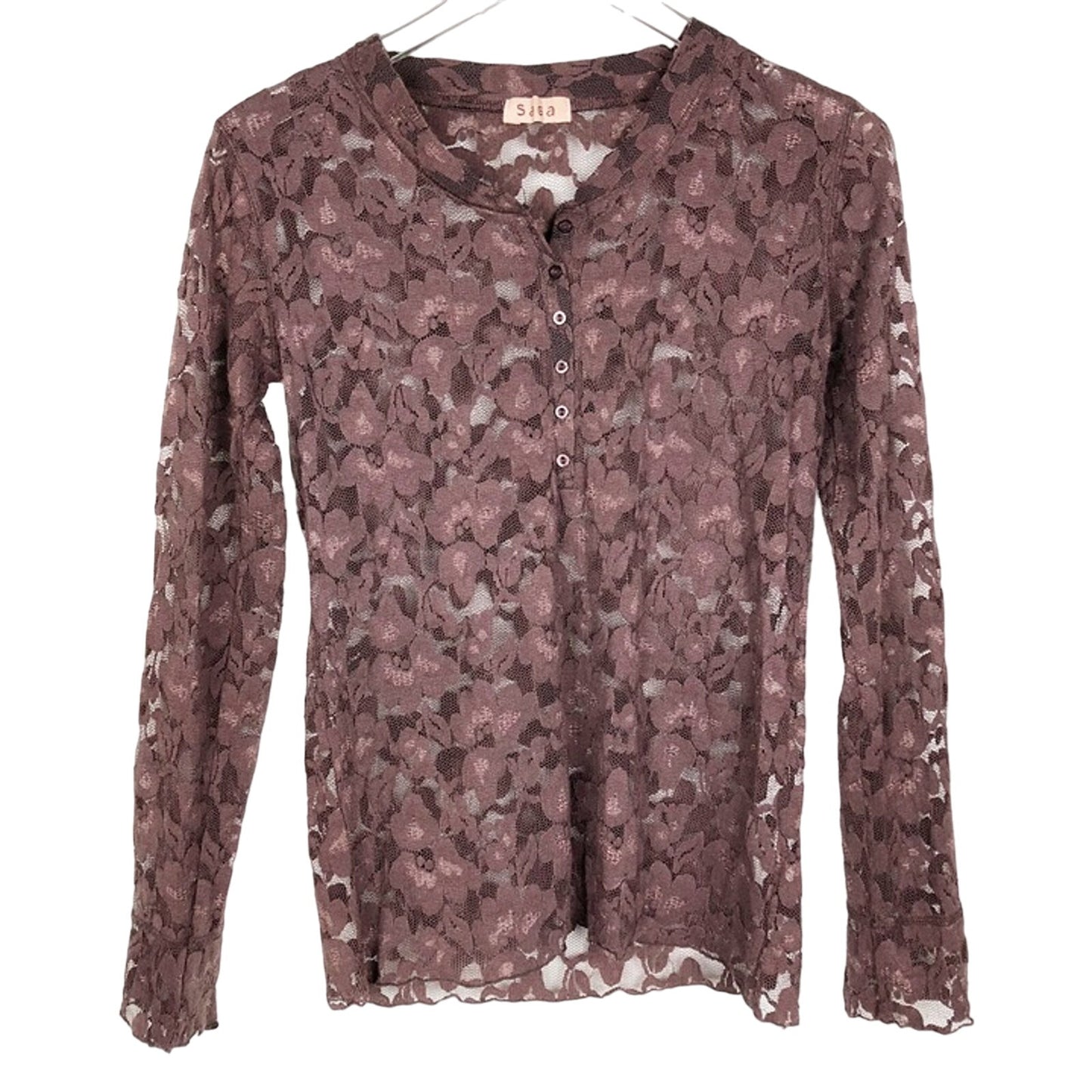 SAGA dark brown LACE sheer blouse TOP long sleeves women's S small